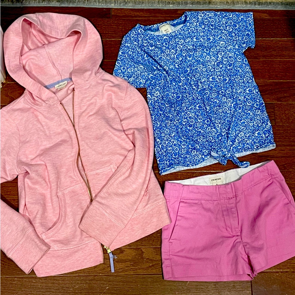 Crew cuts.  Pink Hoodie, Blue Shirt, Pink Shorts size 6-7